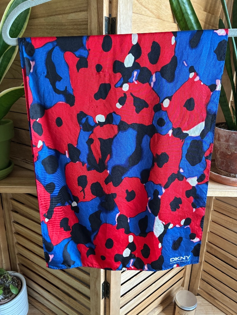 DKNY Abstract Print Scarf 100% Silk – Red/Blue/Black – Minor Flaws